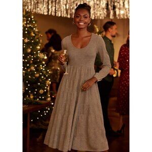 J. Jill Cotton Silk Knit Midi Dress Womens Sz S Taupe Tiers Minimalist Lagenlook